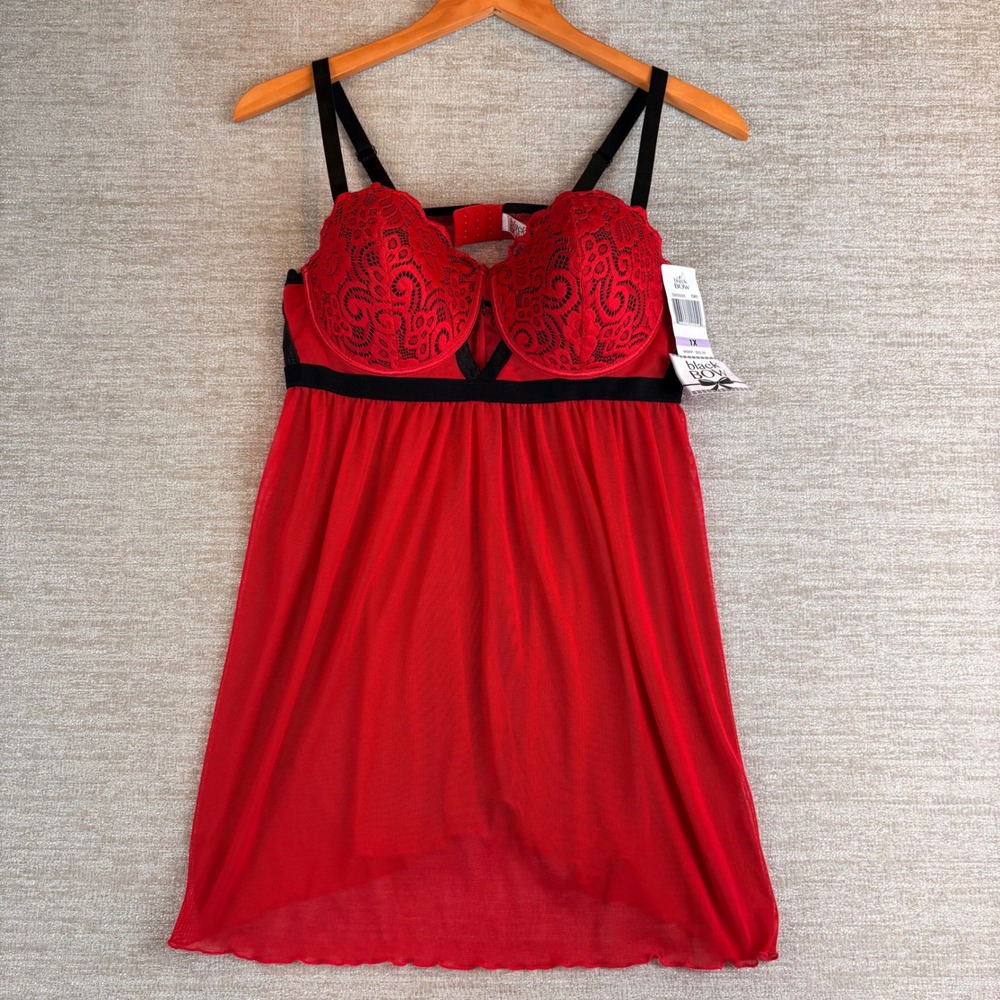 NEW Black Bow Babydoll Chemise Women 1X Red Lace Underwire NWT Lingerie Plus